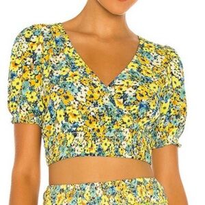 L*Space Crop Top Floral Blouse Blue Yellow  Short Sleeve V-Neck Elastic Waist